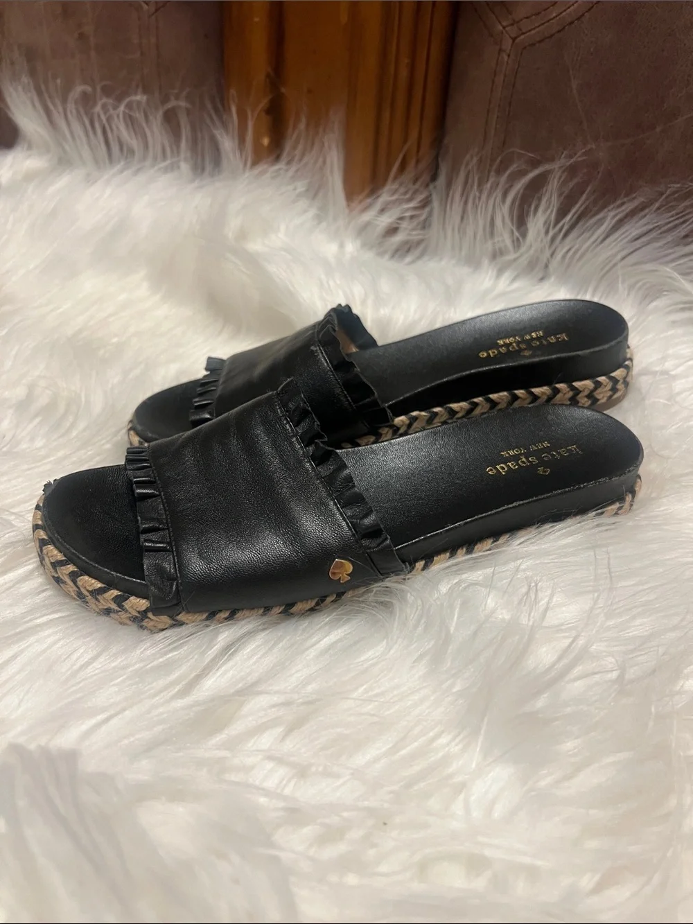 kate spade Black Ruffle Espadrille Slide Sandals size 7M